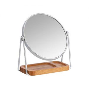 round mirror with bamboo base